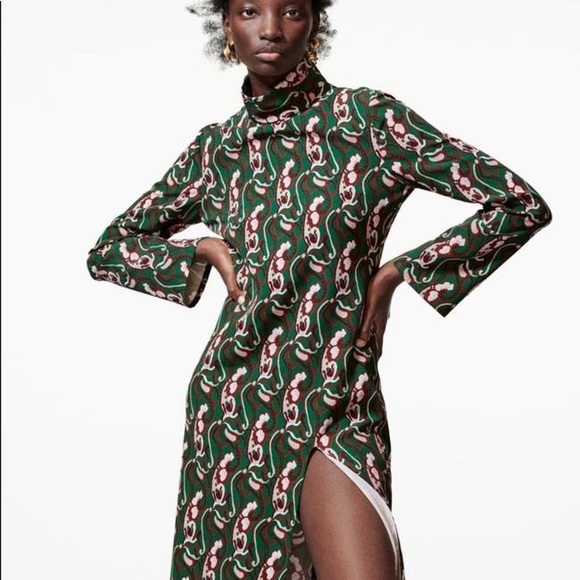 π ZARA GREEN ABSTRACT PRINT FLORAL MOCK NECK SLIT MAXI DRESS! - Picture 5 of 12